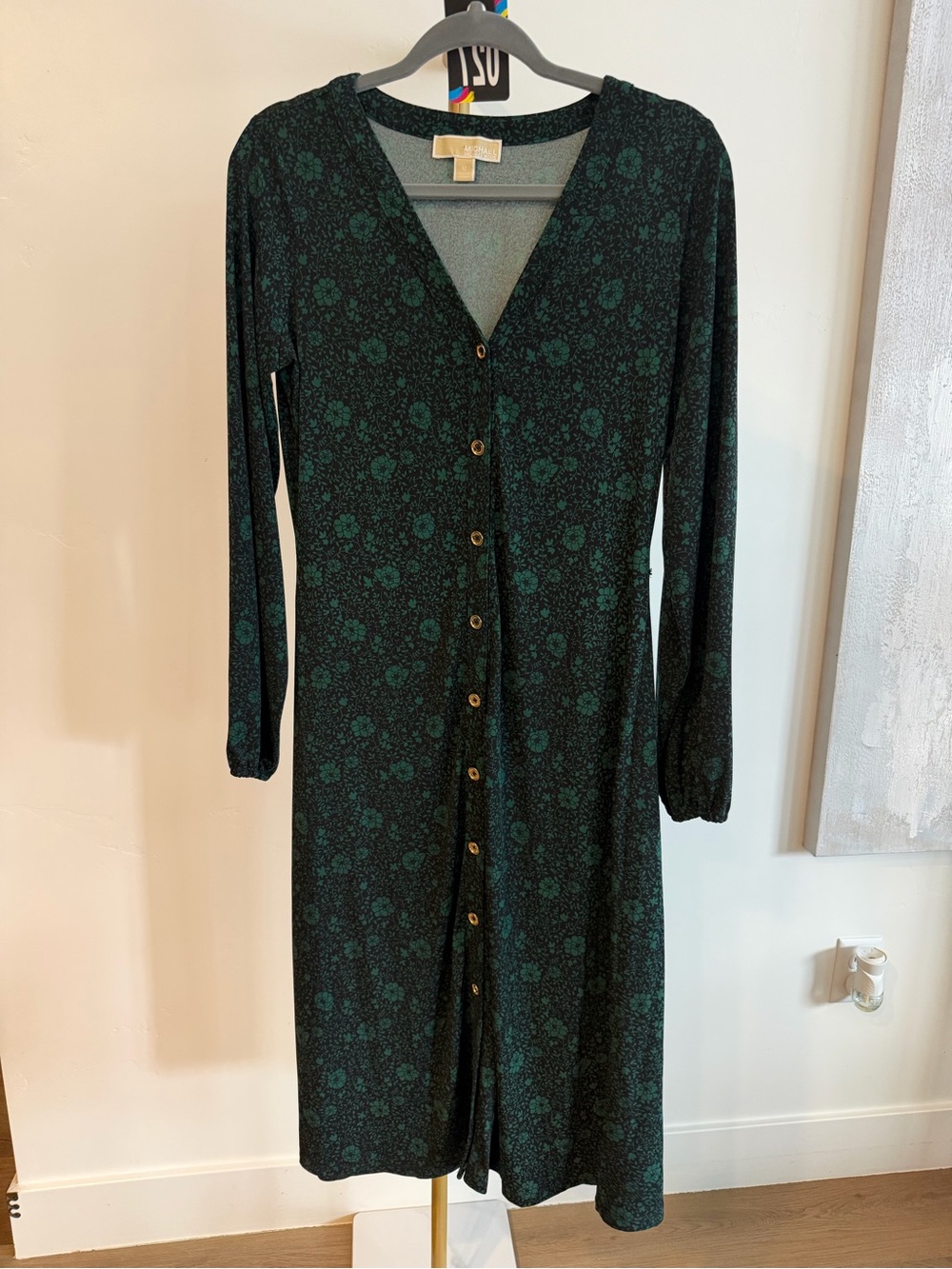 27. Michael Kors Dark Green Floral V-Neck Button Midi Dress